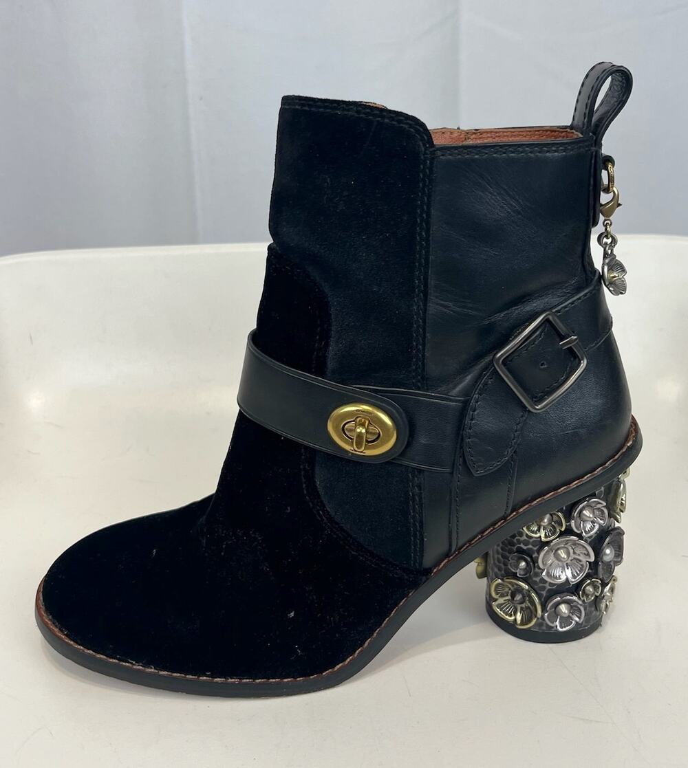 COACH Moto Bootie Heel Boots G1189 Tea Rose Suede Leather Velvet Black Size 5 5B